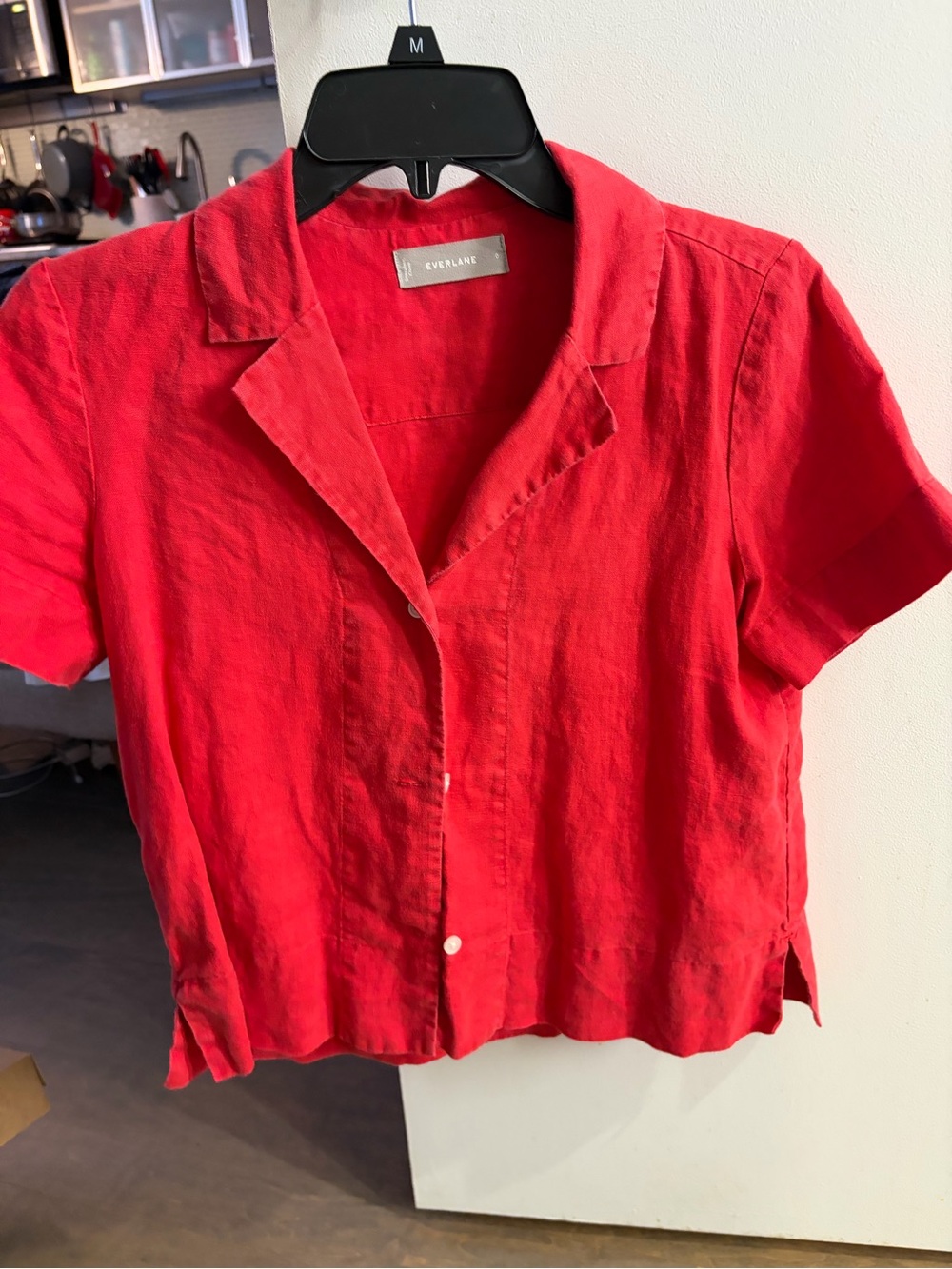 Everlane coral Short-Sleeve Button-Front linen Collar Top